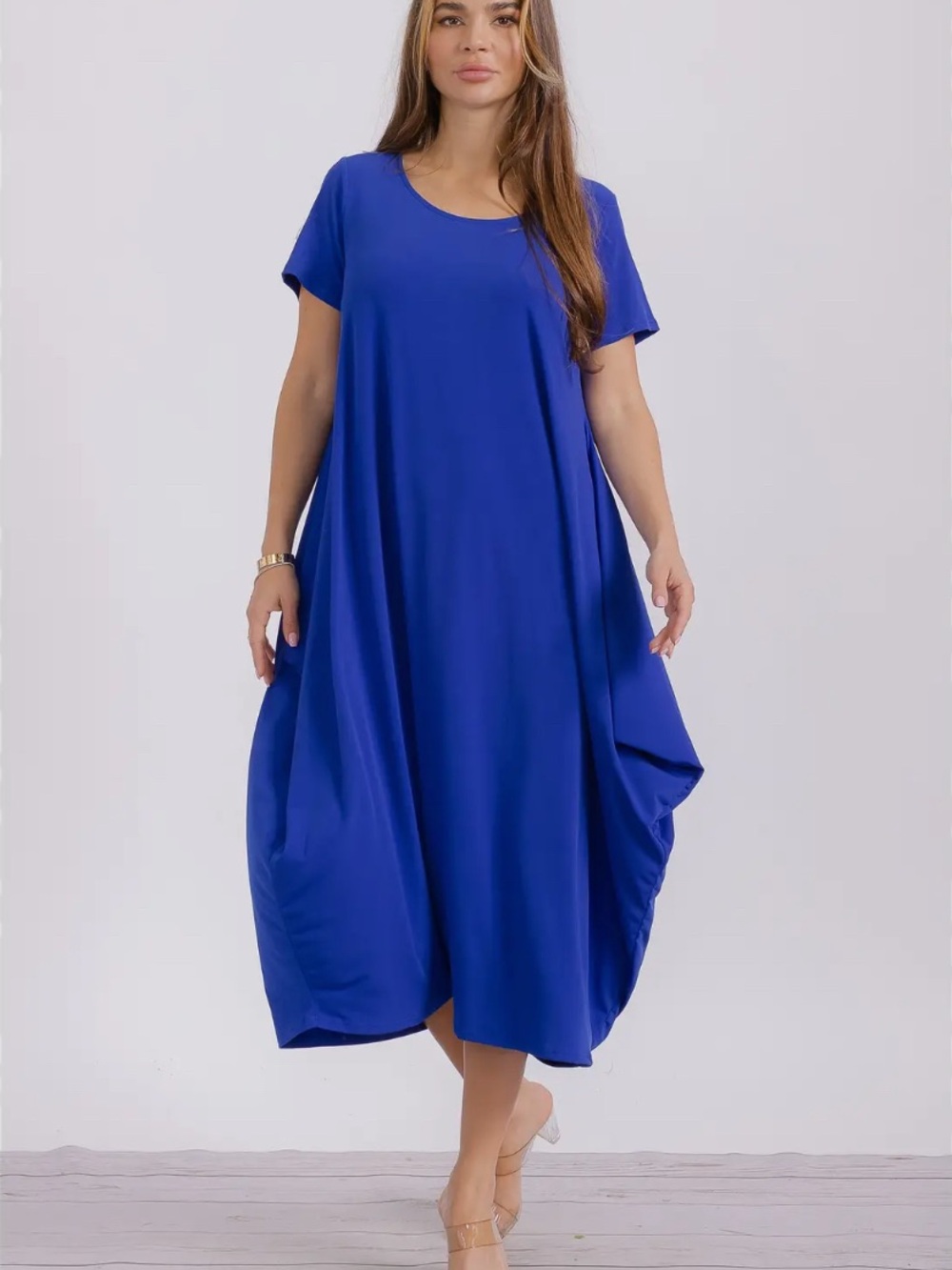 Women's Royal Blue Short Sleeve Balloon Midi Dress